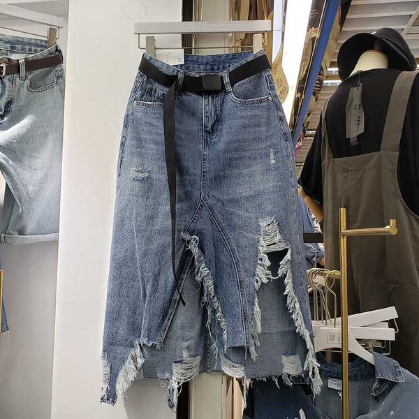 

ripped jean skirt for women denim skirt women's 2020 spring and summer new high waist a- line ripped burr split midi skirts, Black