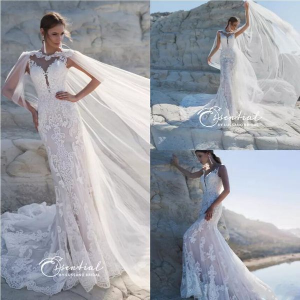 

lussano 2019 свадебные платья с обертывания кружева спинки развертки поезд пляж свадебные платья богемная русалка свадебные платья vestidos, White