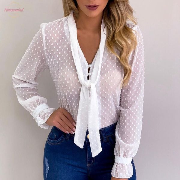 

2020 women chiffon blouse tee shirt casual long sleeve shirts bow tie v neck bow fashion summer basic plus size, White