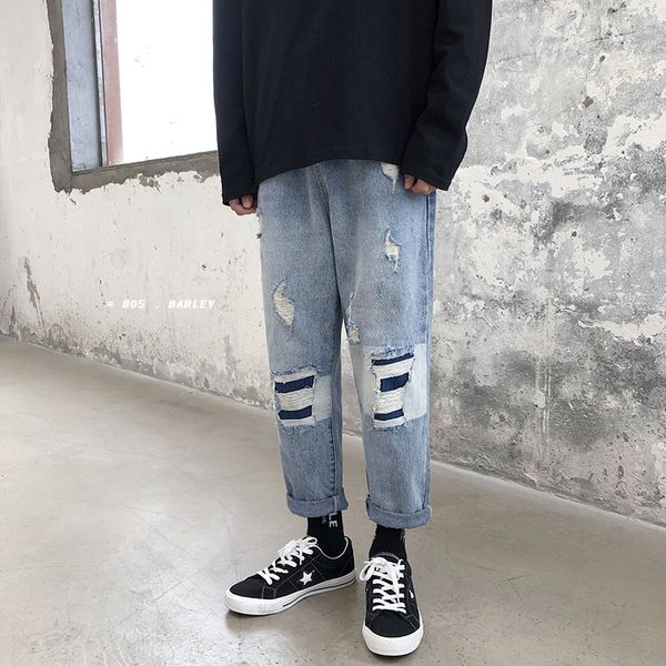 

fashion vintage spelling color patch holes blue straight jeans men 2019 summer casual streetwear cotton loose cowboy pants -2xl
