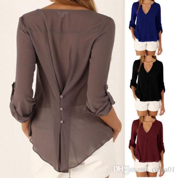 

women plus size elegant v-neck casual fashion blouses long sleeved chiffon autumn spring summer tees, White