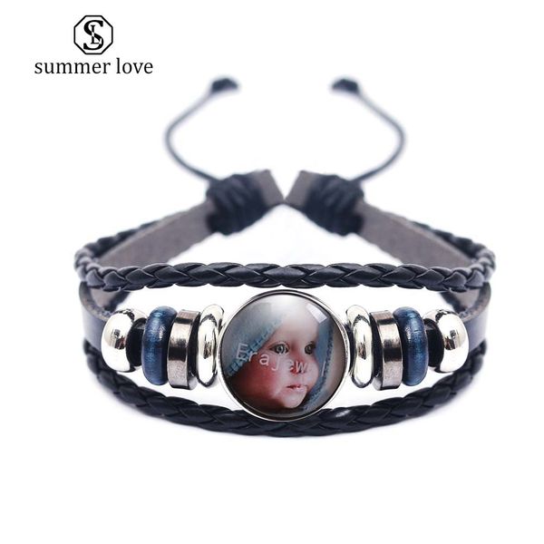 

fashion adjustable size 17mm cute baby glass charm multilayer leather bracelet for men women handmade jewelry gift, Black