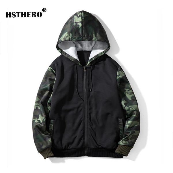 

fashion camouflage men hoodie winter new brand men's hoodey sweatshirt coat mens warm fleece thick splice jacket casual hoodie, Black
