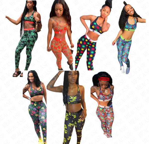 

2020 summer women design swimwear bra vest and leggings pants 2 piece swimsuit letters floral flowers crwon print beachwear clothes d61705, White