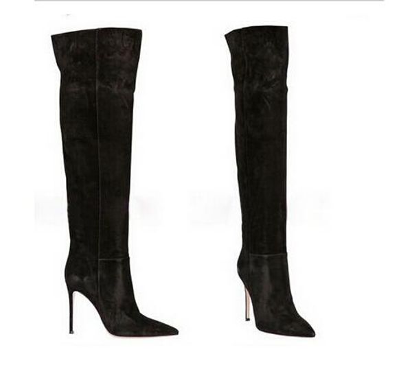 Hot venda- camurça sobre o joelho botas mulheres de salto alto fino coxa botas altas cinza preto joelho vermelho marrom bota de altura grande size35-43