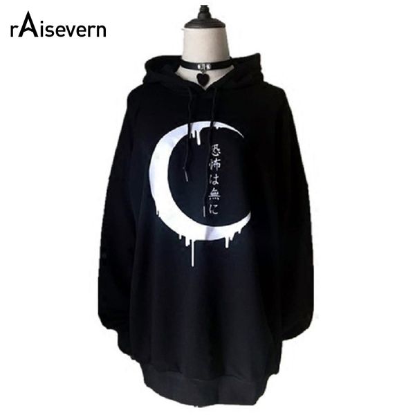 

raisevern new women gothic sweatshirts dress moon print oversize warm dark hooded streetwear, Black