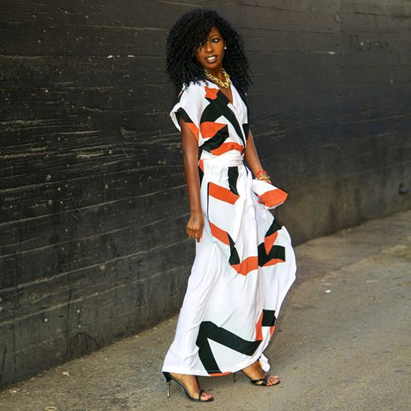 

2018 женская мода лето печати с коротким рукавом v-образным вырезом с высоким разрезом створки повседневная длинное платье макси ну вечеринк, Black;gray