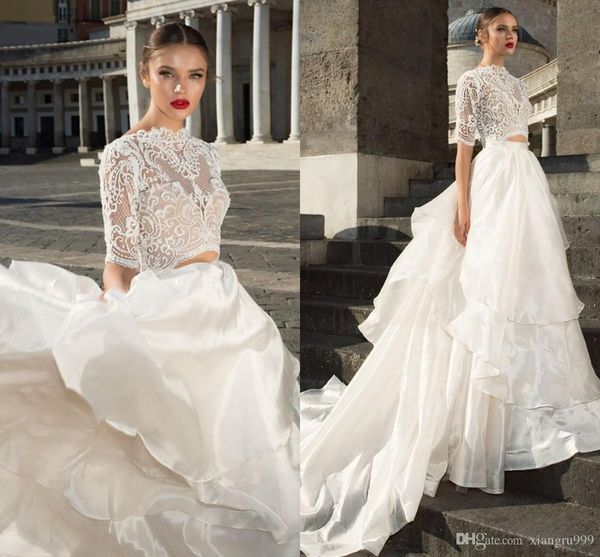 Setwell dois pedaços vestidos de casamento rendas top meia manga backless vestidos de casamento varrer treinar longo vestido nupcial feito sob encomenda feitos