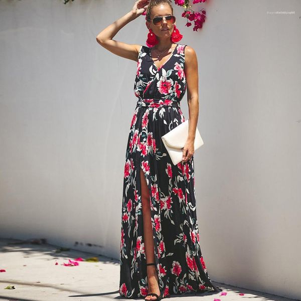 

dress summer fashion casual split womens clothing bohemian printed v-neck dresses designer elastic waist womens, Black;gray