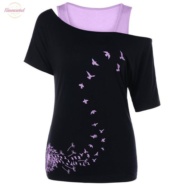 

women summer 2020 tshirt casual short sleeve tees off shoulder dandelion print t shirt skew neck fake two t shirts, White
