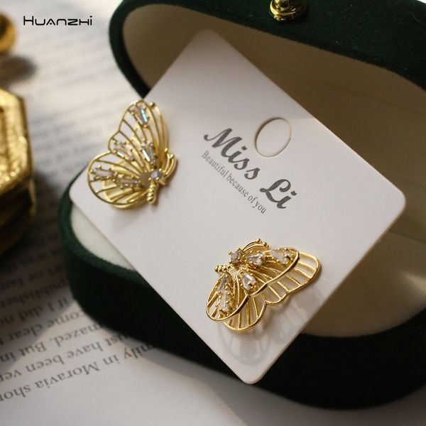 

huanzhi 2020 new hollow butterfly stud earrings gold metal rhinestone pearl tassel earrings for women girls wedding jewellery, Golden;silver