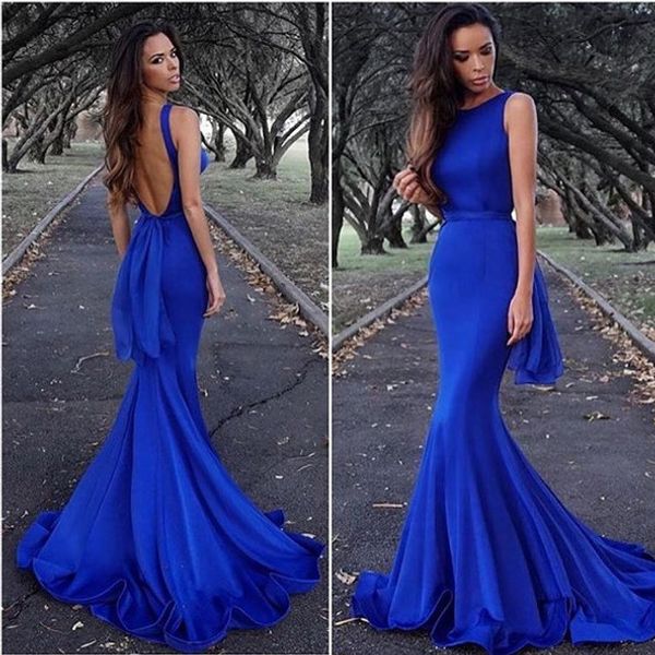 

elegant open backs mermaid prom dresses royal blue jewel neckline slim fishtail formal evening gowns with sash fitted robes de soirée 2019, Black