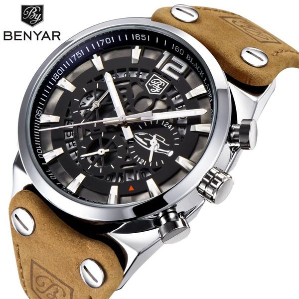 

benyar mens watches chronograph sport mens watches fashion brand waterproof watch relogio masculino by-5112m, Slivery;brown