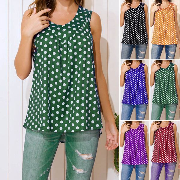 

women's summer elegant polka dot printed sleeveless t-shirt tank vest female camisole street o collar casual loose tank top, White