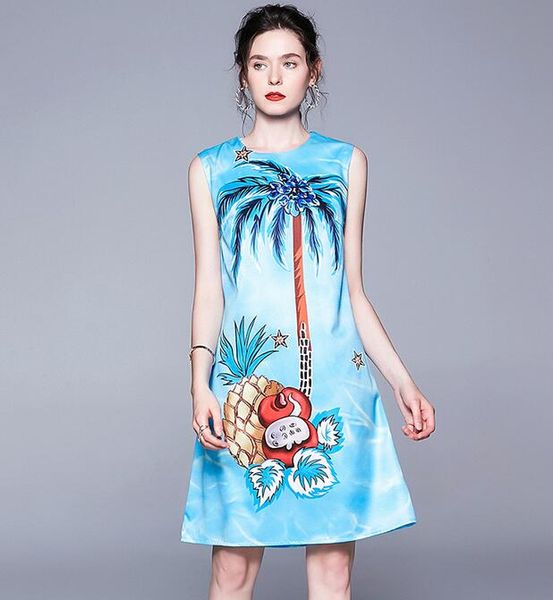 

crew neck summer coco print loose waist tank light blue dress sleeveless street style dresses above knee, Black;pink