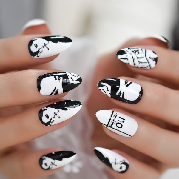 

stiletto pattern no smoking medium nails art minimalist pre-designed false nails personality triangle artificial acrylic, Red;gold