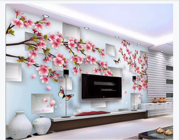 Personalizzato 3d murale carta da parati foto carta da parati Peach Blossom Flower Stereo Square Light Elegante moda pastorale 3D sfondo muro