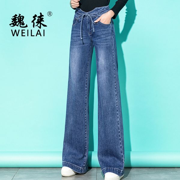 

women high waist jeans denim drawstring wide leg pants blue loose palazzo trousers 2019 spring summer fashion minimalist jeans