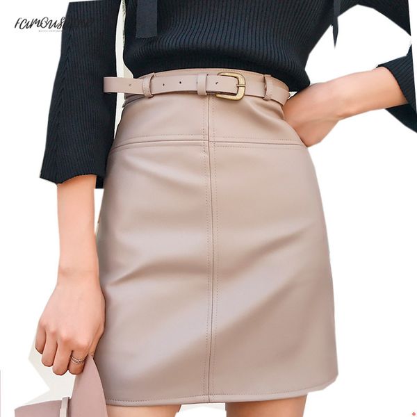 

spring new beige black a-line wear leather skirt for women high waist office faux leather pu skirts female short skirt with belt