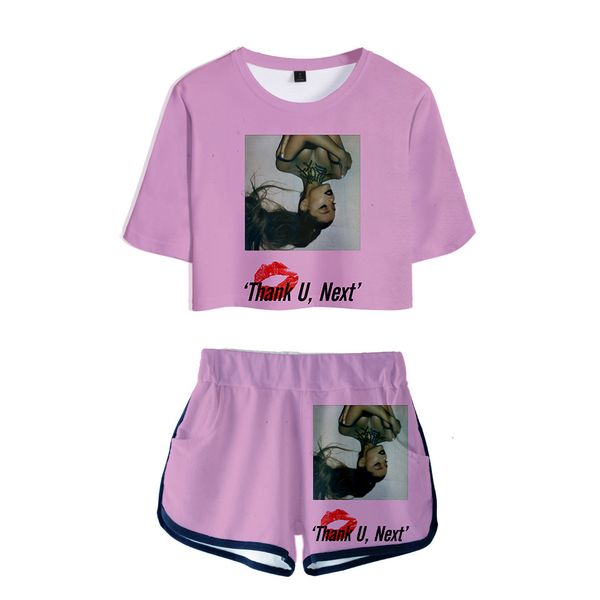 

trend ariana grande digital printing 3d navel exposed short sleeve t shirt shorts suit female, Black;blue