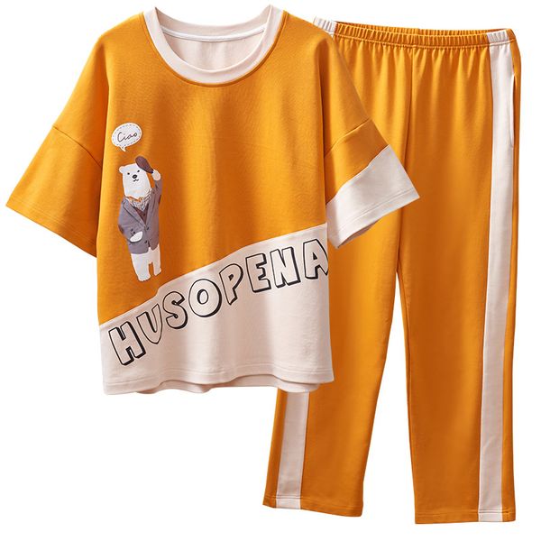 

summer pyjamas women 100%cotton cartoon pajamas set short sleeve round neck casual soft big size -xxl ladies pijama, Blue;gray