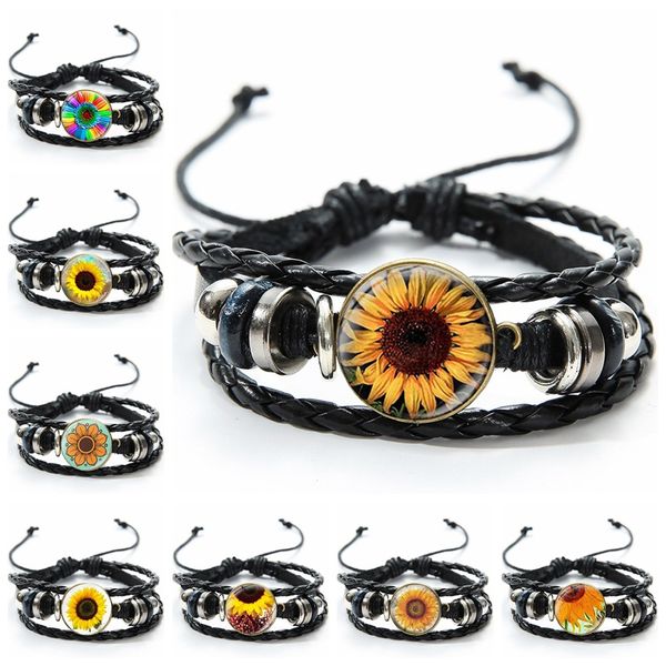 

sunflower time gemstone leather braided bracelet black multilayer braided wax rope bracelet for women man jewelry, Golden;silver