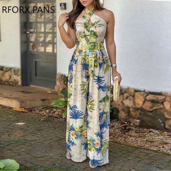 

women's jumpsuits & rompers crisscross halter tropical print, Black;white