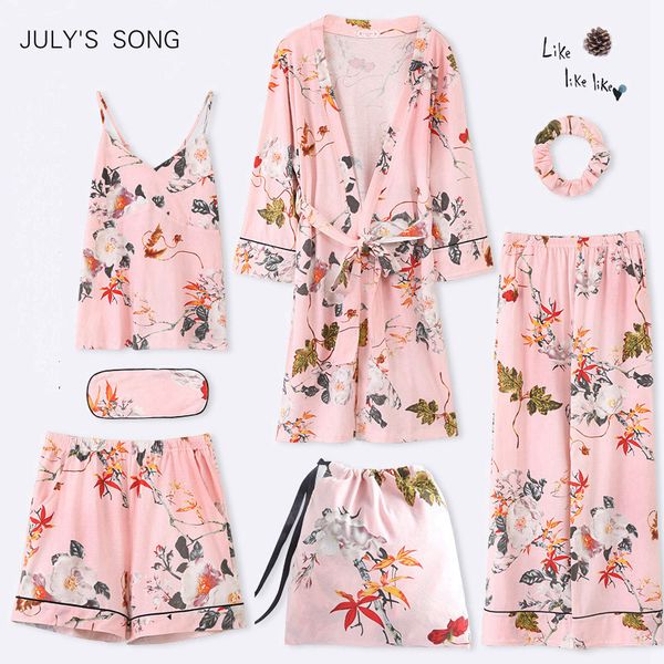

new women 7 pieces pajama set 2019 autumn winter cotton elegant women full shorts soft nightwear robe sleepwear onsie, Blue;gray
