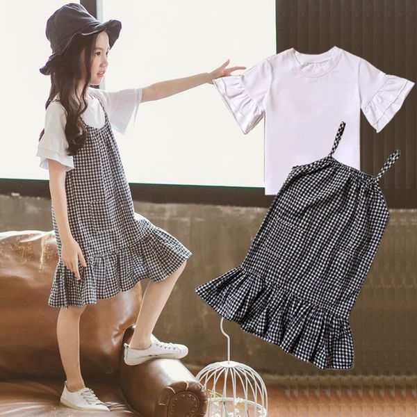 

teenage girls clothes sets 2020 kids outfits big girls patchwork outwear teens girl summer sets white with plaid skirts