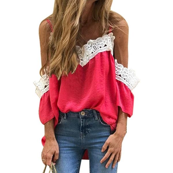 

lace v neck blouse women 2020 summer fashion off-shoulder ladies shirts stylish loose tunic ropa mujer plus size s-3xl, White