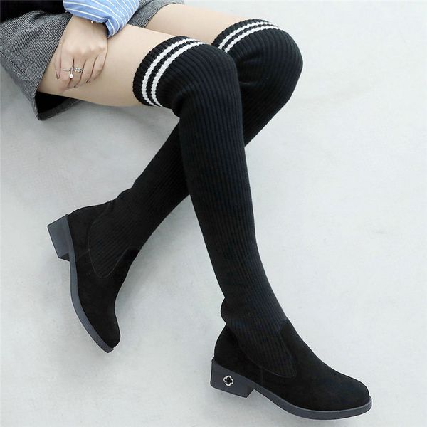 

women black knitting stockings chunky low heels over the knee motorcycle boots elastic stretchy thigh high platform pumps shoes