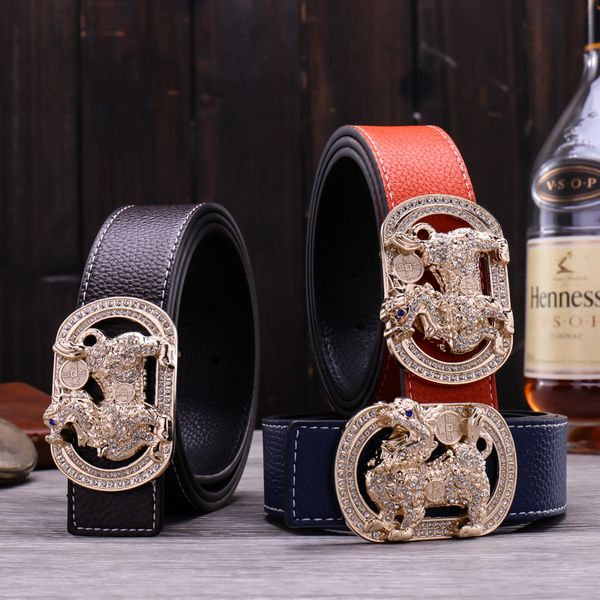 

diamond ancient animal men casual designer leather belt new fashion luxury glittering 3d smooth buckle 125cm, Black;brown