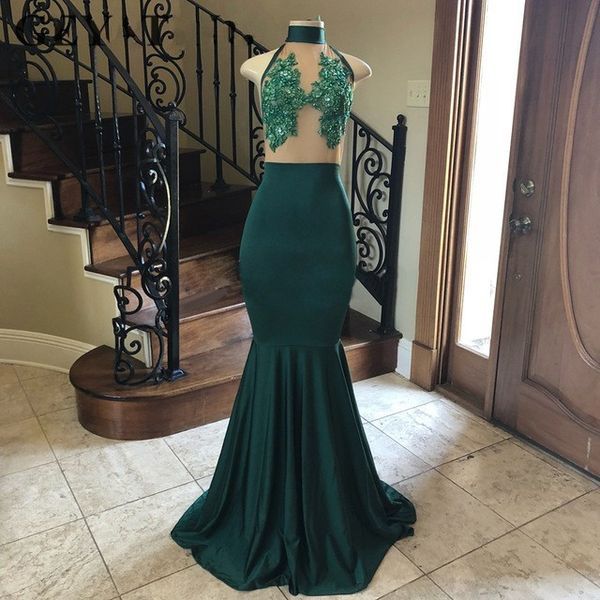 

Hunter Green Mermaid African Prom Dresses 2019 High Neck Beaded Lace Appliques Long Evening Party Gowns Robe De Soiree Cheap