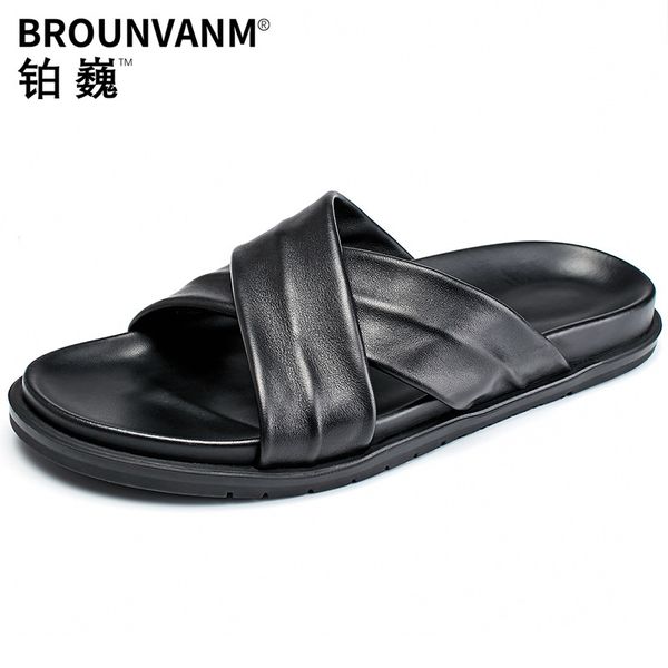

beach slippers mens genuine leather korean version outdoor flip flops roman casual shoes beach outdoor anti-skid summer cowhide, Black
