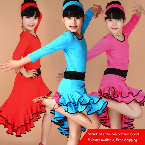 

girl kids long sleeves standard latin competition dress children modern dance ballroom salsa rumba tango samba cha cha costumes, Black;red