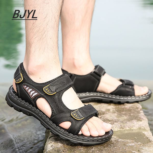 

summer men's sandals 2019 new outdoor beach shoes men's leather sandals, Black