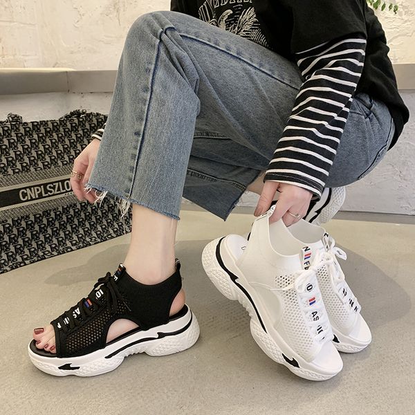

summer sport sandals women open toe platform sandals rome shoes woman vacation beach sandales lace up sandals ladies shoes t200327, Black