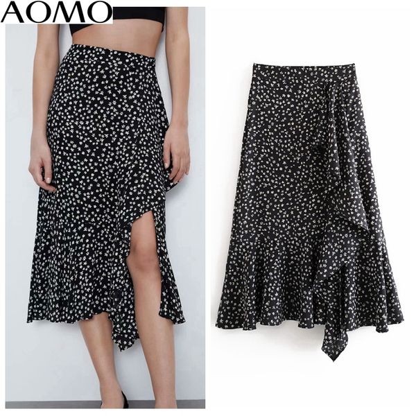 

aomo casual women print ruffles midi skirt faldas mujer 2020 new side zipper office ladies elegant chic mid calf skirts 6a164a, Black