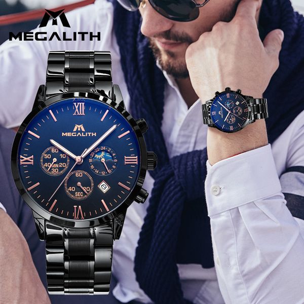 

megalith fashion men watches chronograph date calendar watches men sport waterproof steel wristwatch mens reloj hombre, Slivery;brown