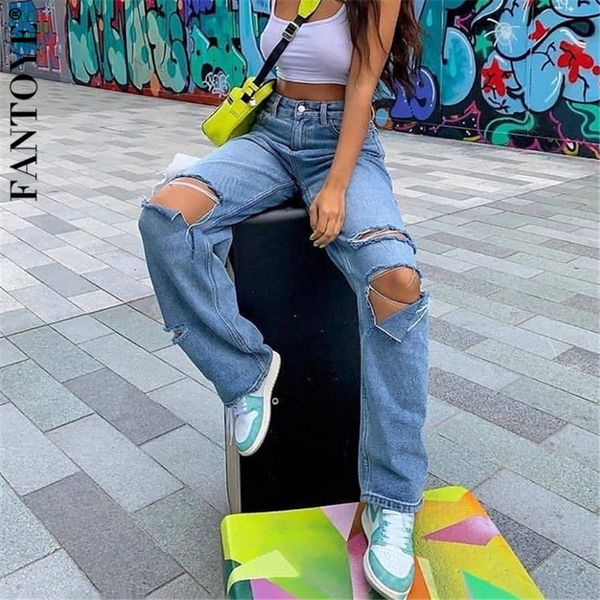 

fantoye casual ripped hole jeans pants high waist women harem korean streetwear denim pants 2020 fashion harajuku jogger summer, Blue