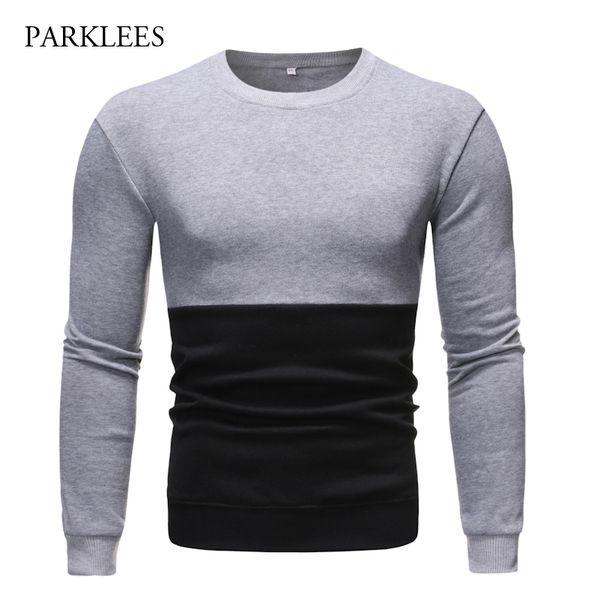 

gray patchwork sweatshirts men 2019 autumn brand new o-neck pullover meales knit shirts slim fit casual sudadera hombre xxxl, Black
