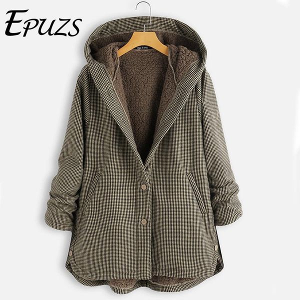 

winter coat women vintage plaid long sleeve warm thick parkas mujer plus size 5xl button hooded coat women winter jacket, Black