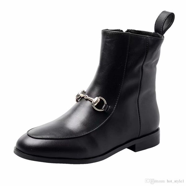 

italy brand woman round toe black soft leather side zipper short boots femal handsome horsebit short boots woman winter casual boot