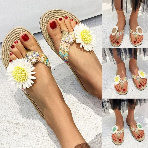 

slippers flowers summer bohomian flip flops womans 2021 shoes flower slide sandals wedge heel beach slipper#0526, Black