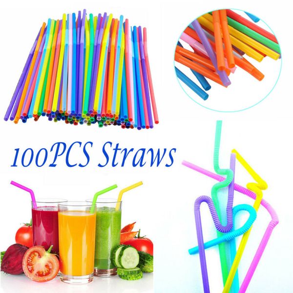 

100pcs color extra long flexible bendable plastic drinking juice straws party bar drinking supplies