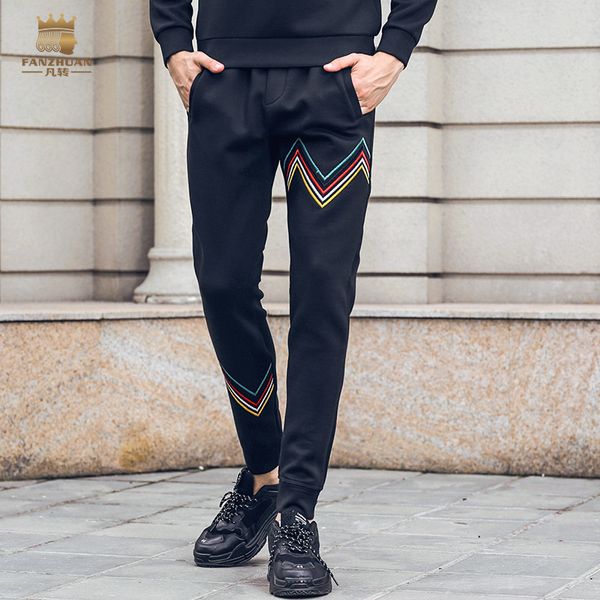 

fanzhuan men's male new 2108 autumn skinny personality rib stitching slim black beam pants trousers 828064