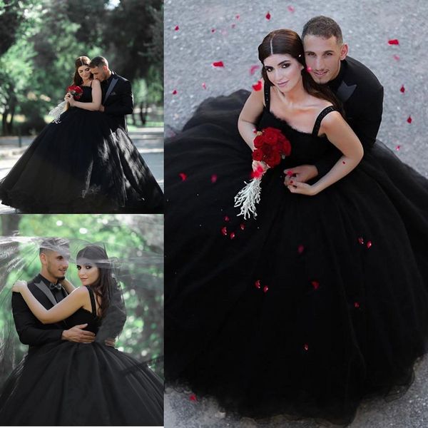 

gothic black ball gown spaghetti sleeveless tulle wedding dresses wedding gowns sweep train bridal gowns, White