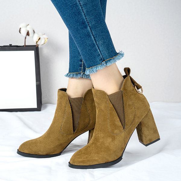 

autumn winter women's boots ladies fashion stretch fabric suede short ankle boots slip on thick heels square high heels shoes, Black