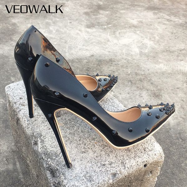 

veowalk rivets women extreme high heels fashion ladies patent leather pointed toe stiletto pumps shoes color customized, Black