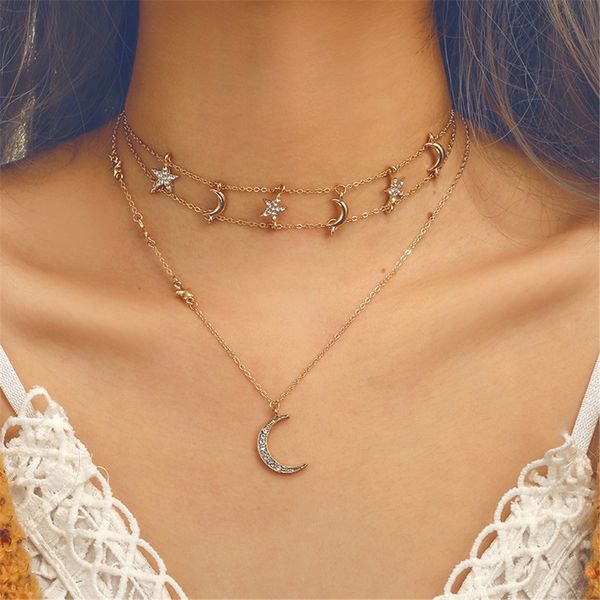 Boho Multilayer Choker Pendant Necklace Crystal Star Moon Chain Women Jewelry 